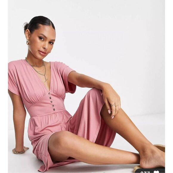 ASOS DESIGN waisted midi tea dress with buttons in pink size 4 NWOT - Picture 3 of 12